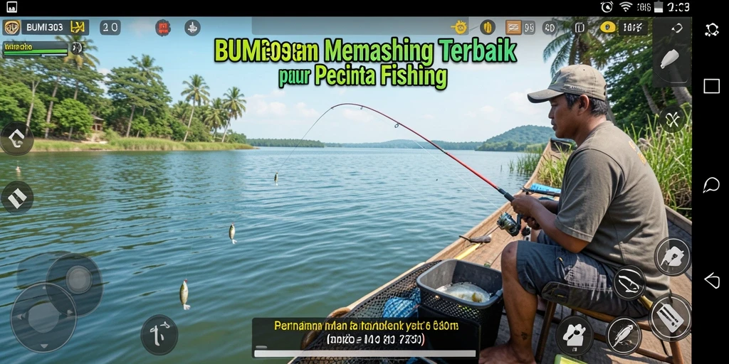 Tampilan gameplay BUMI303 yang mengasyikkan saat memancing ikan besar.
