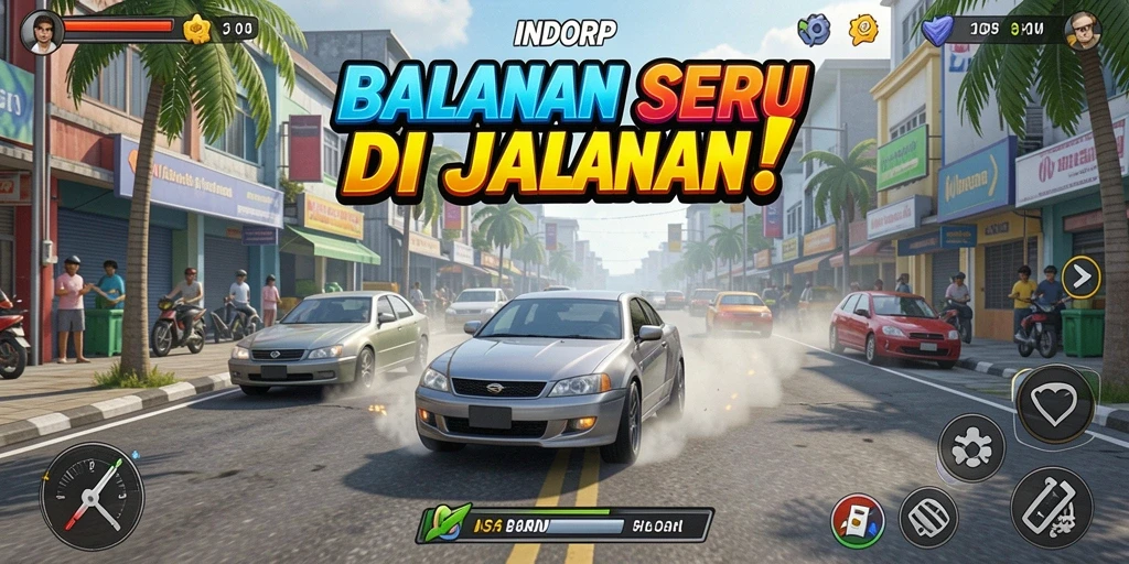 Screenshot gameplay INDORP yang menunjukkan balapan seru di jalanan.