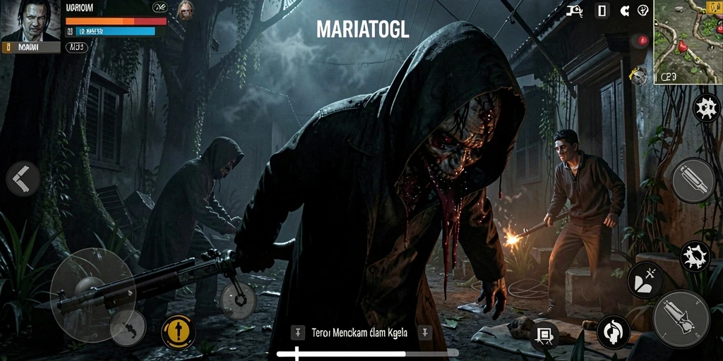Screenshot gameplay MARIATOGL menampilkan suasana mencekam dengan makhluk menyeramkan.