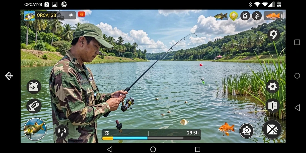 Tampilan visual gameplay memancing yang menarik di ORCA128.