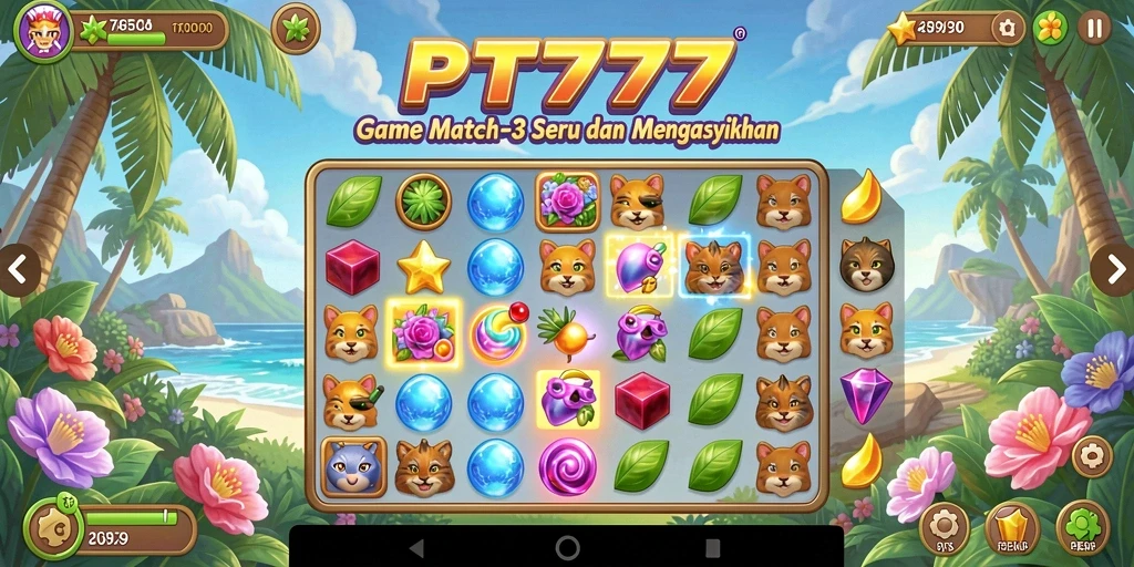 Screenshot utama PT777 menampilkan gameplay Match-3 yang mengasyikkan.