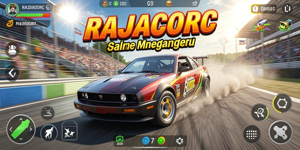 Tangkapan layar gameplay RAJACORC dengan aksi balap yang mendebarkan.