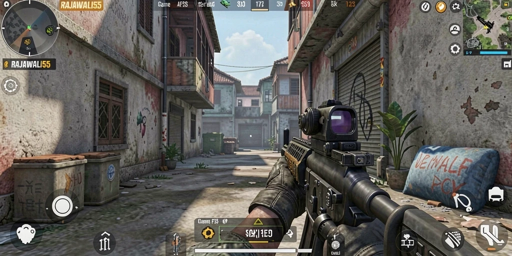 Gameplay intens RAJAWALI55 dengan aksi tembak-menembak yang seru.