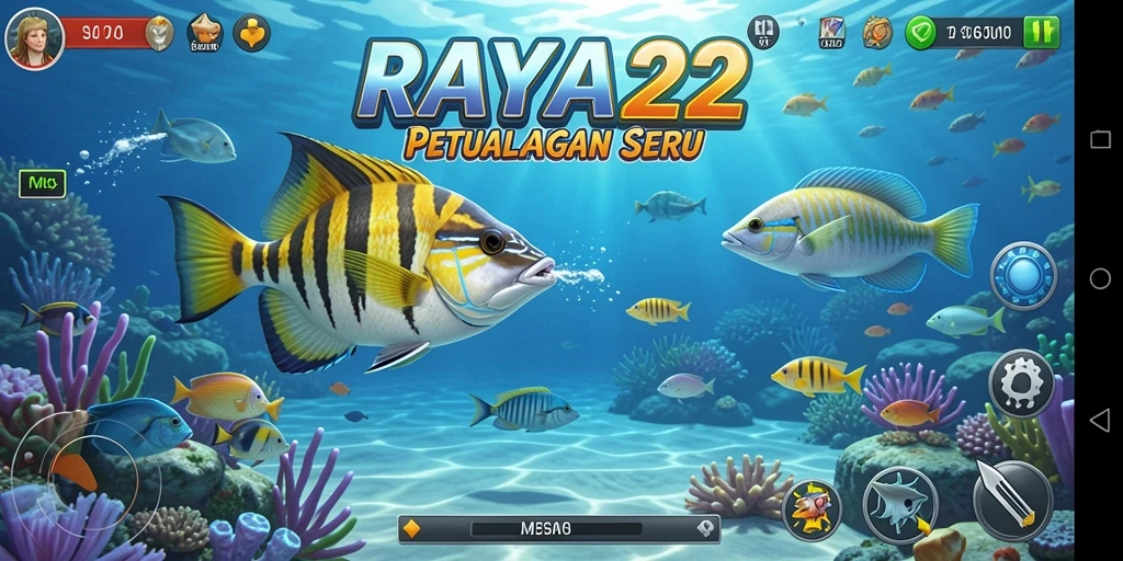 Tampilan screenshot RAYA22 yang menunjukkan aksi menembak ikan.